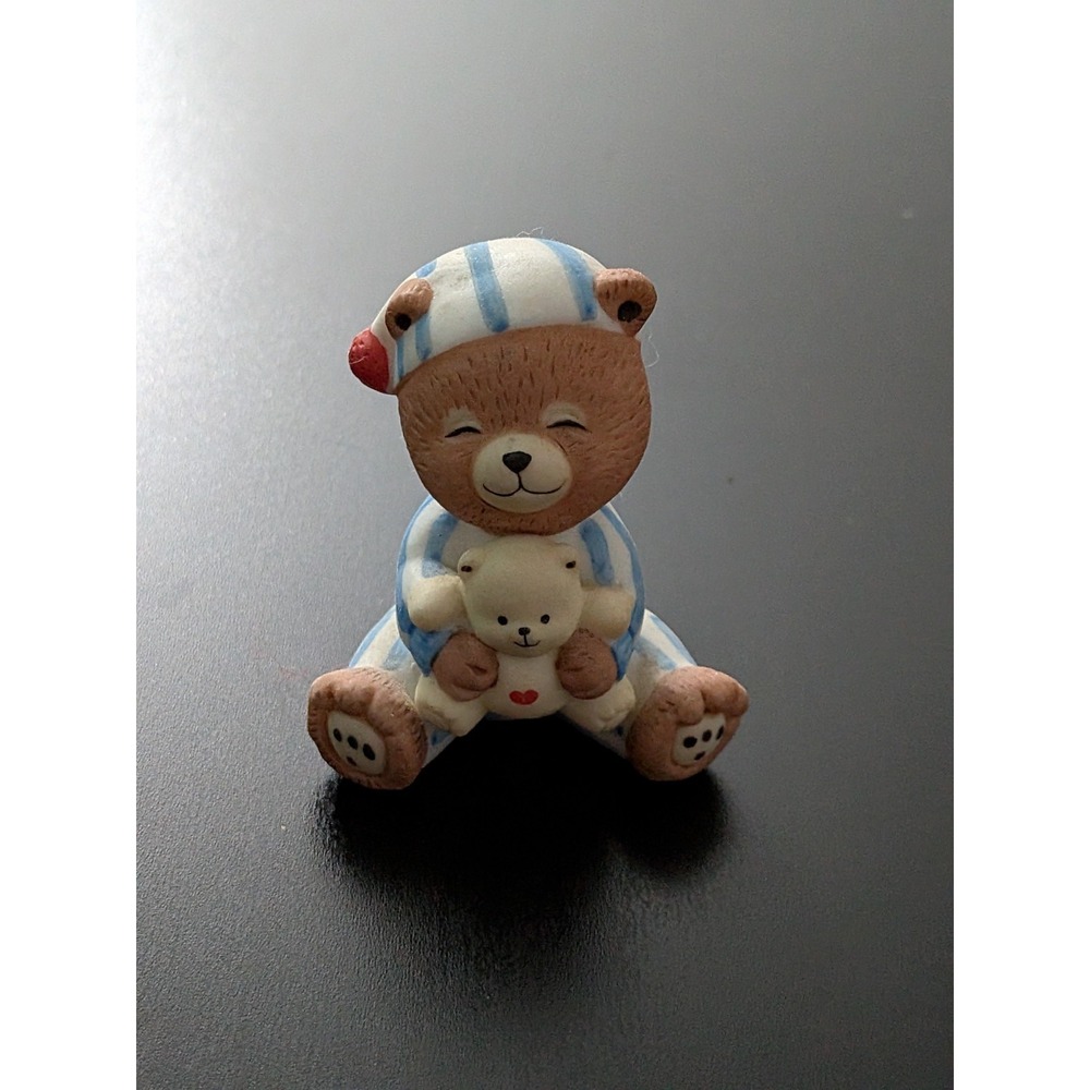 Vtg BC Bronson Teddy Bear Figurine Porcelain Bisque Art Bear Sitting w/ Teddy 2"
